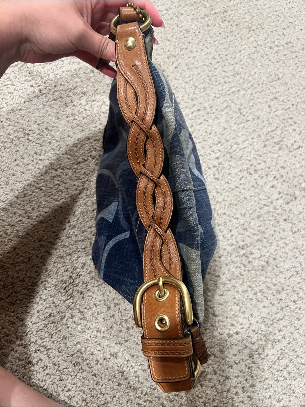 Vintage Coach Denim Carly Logo-Print Shoulder Bag in Navy and Tan - Picture 4 of 11